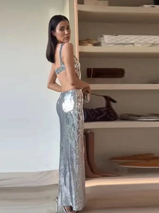 Backless Silver Sequins Sling Maxi Dress  dress