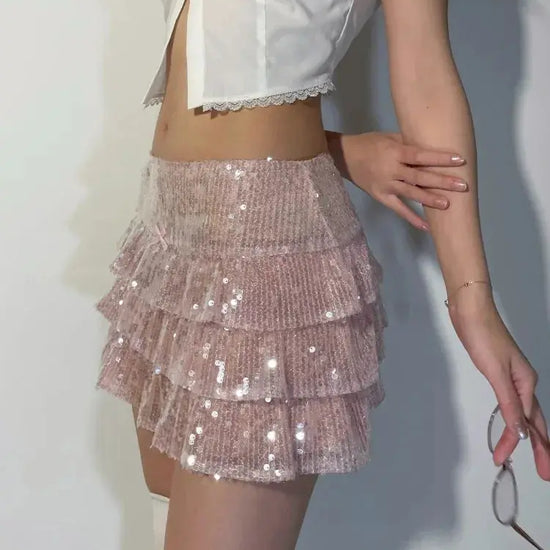 Pink Sequin Low Waist Mini Skirt Women w/Ruffles Clementine Lea's boutique