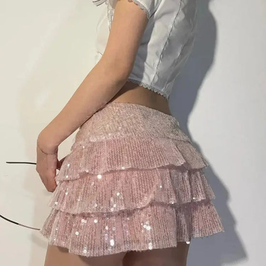 Pink Sequin Low Waist Mini Skirt Women w/Ruffles Clementine Lea's boutique