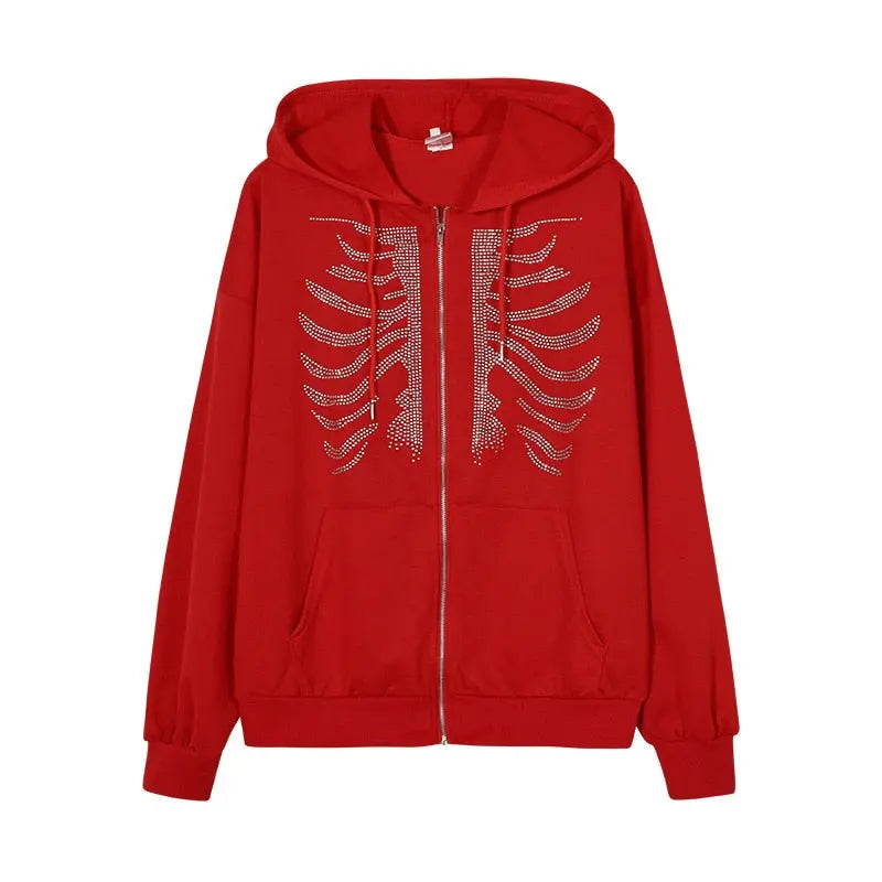 Skeleton Hoodie The future is bright, but also very sparkly This rhinestone Skeleton Hoodie is the perfect way to show off your edgy style. The rhinestones add a touch of glamour, while the skeleton print keeps it cool and trendy. This hoodie is sure to t