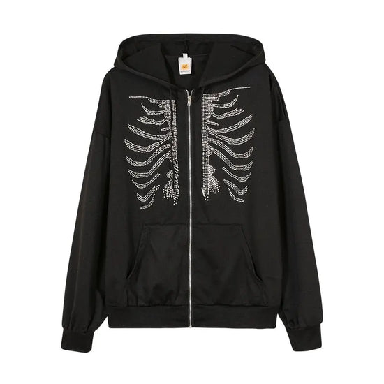 Skeleton Hoodie The future is bright, but also very sparkly This rhinestone Skeleton Hoodie is the perfect way to show off your edgy style. The rhinestones add a touch of glamour, while the skeleton print keeps it cool and trendy. This hoodie is sure to t
